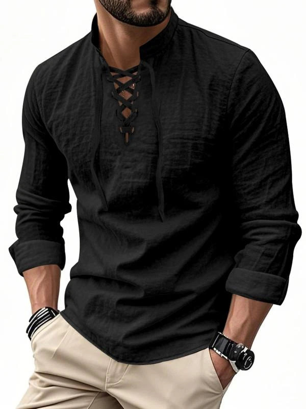 Men Linen Casual Long Sleeve Polo Shirt