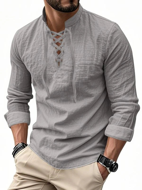 Men Linen Casual Long Sleeve Polo Shirt