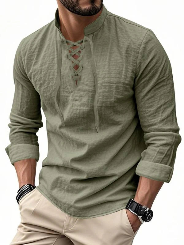 Men Linen Casual Long Sleeve Polo Shirt