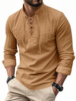 Men Linen Casual Long Sleeve Polo Shirt