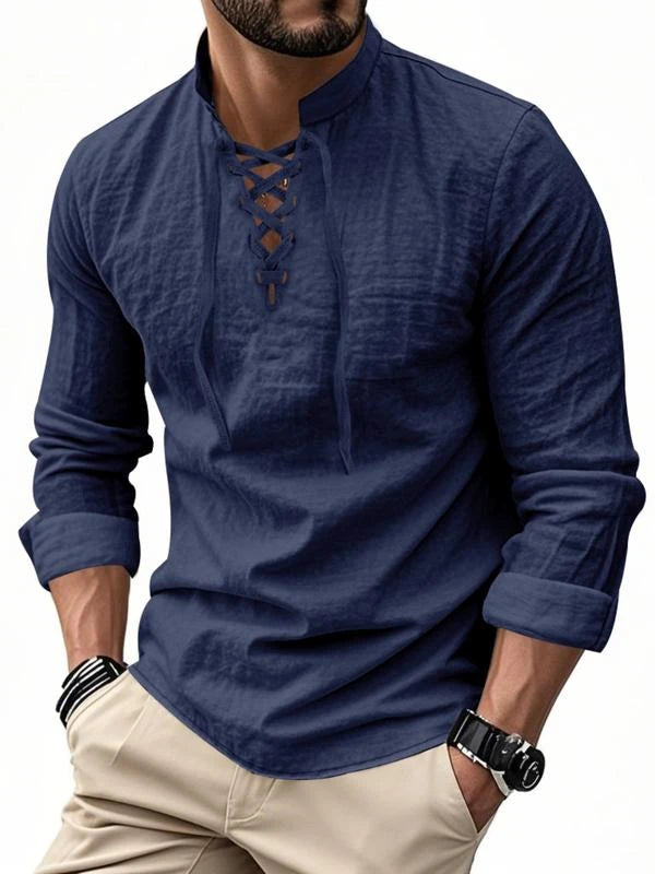 Men Linen Casual Long Sleeve Polo Shirt