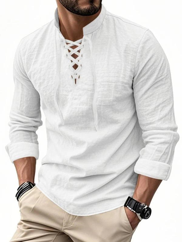 Men Linen Casual Long Sleeve Polo Shirt